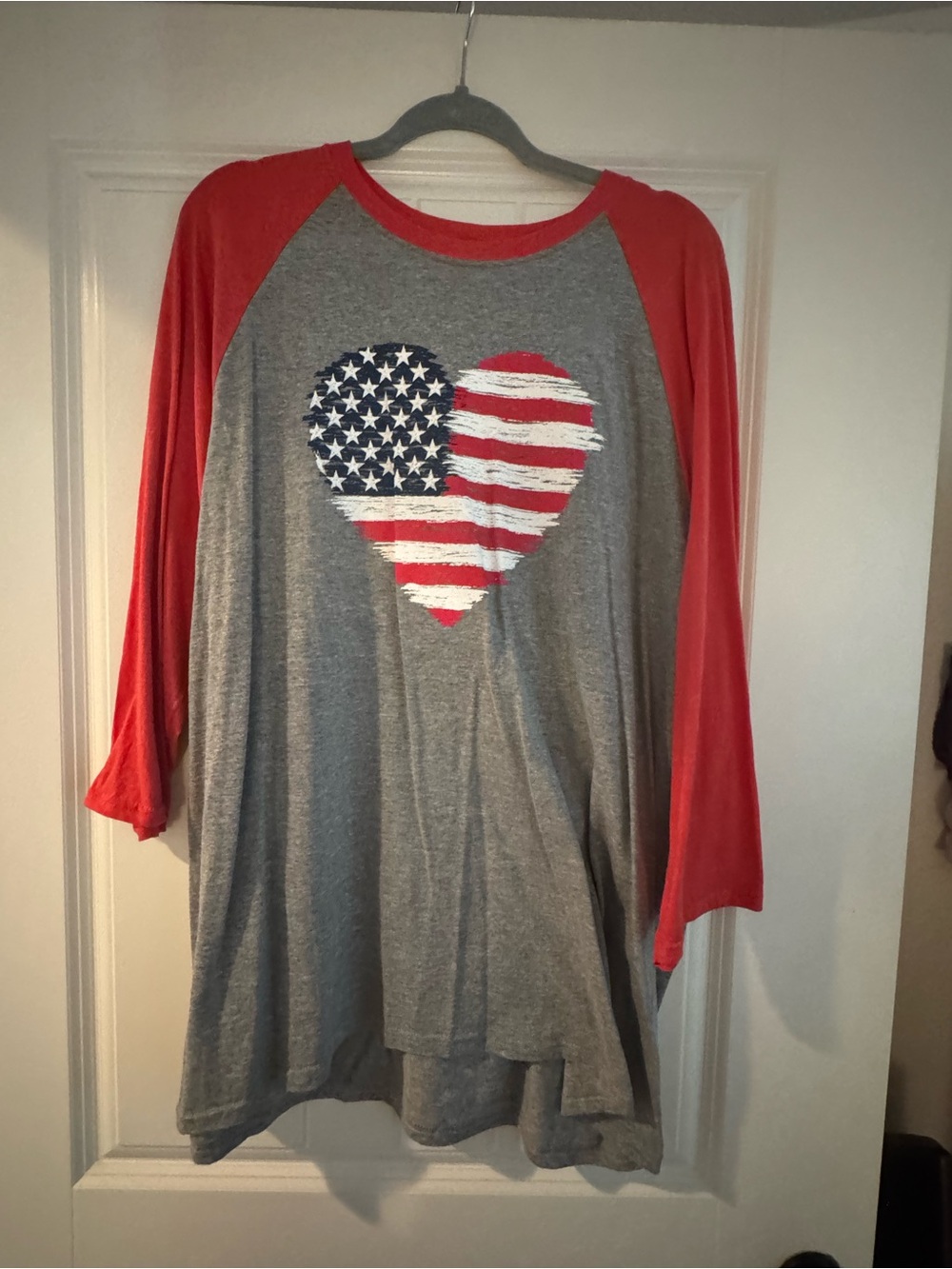 Jerzees Grey Raglan Tee with Red Sleeves and American Flag Heart Graphic